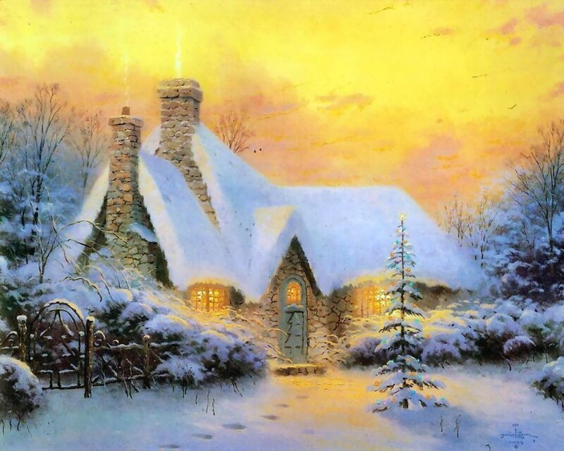 Snow-covered Cottage — Yellow, Peaceful, Winter, Painting
