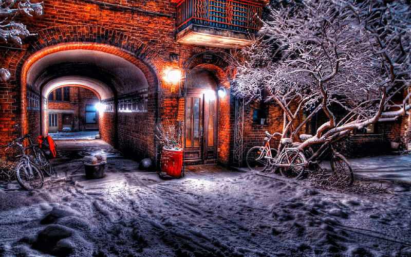 Snow-covered Courtyard — Red