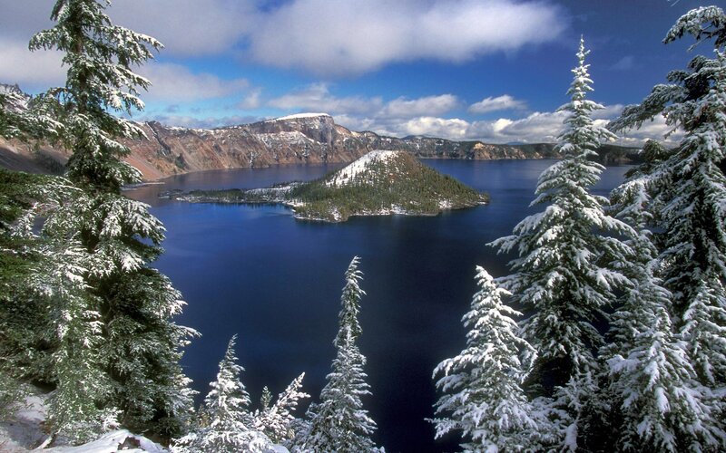Snow-covered Crater Lake in winter