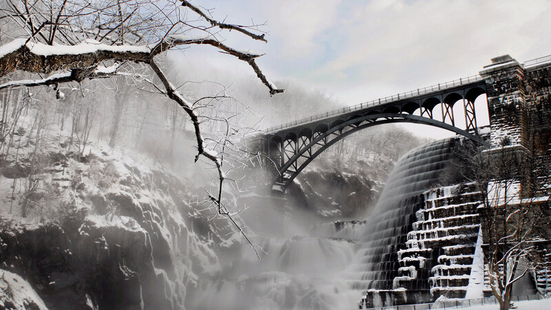 Snow-covered Dam and Bridge