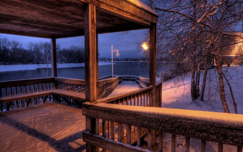 Snow-covered Deck by Lake