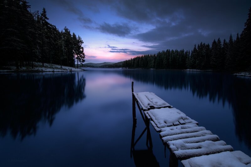 Snow-covered Dock at Dusk