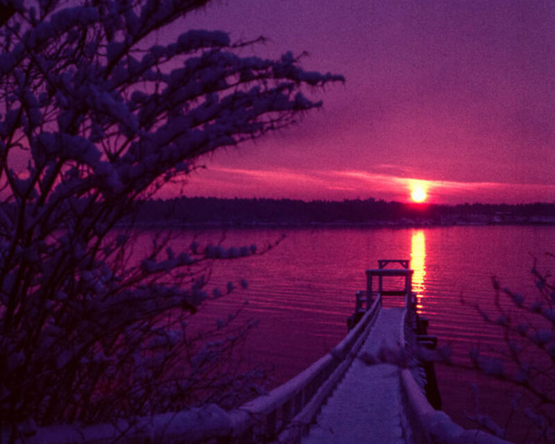Snow-covered Dock at Sunset — Purple