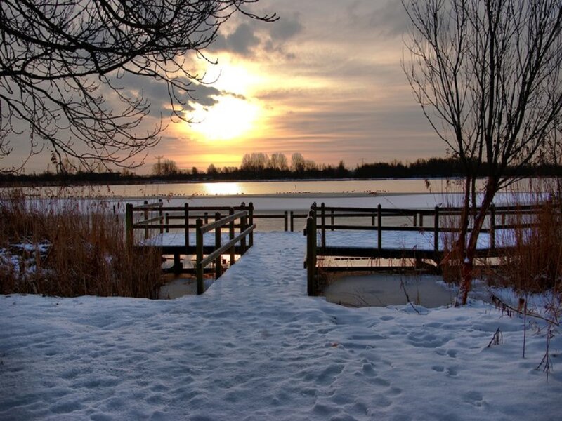 Snow-covered Dock at Sunset — White