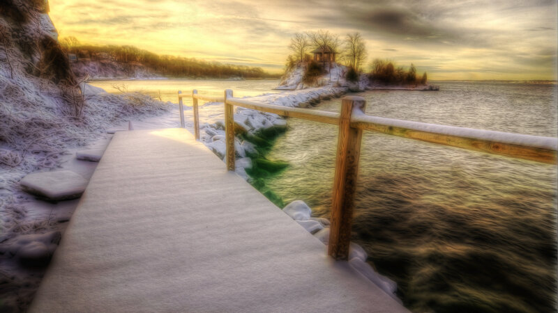 Snow-covered Dock at Sunset — Yellow, Serene