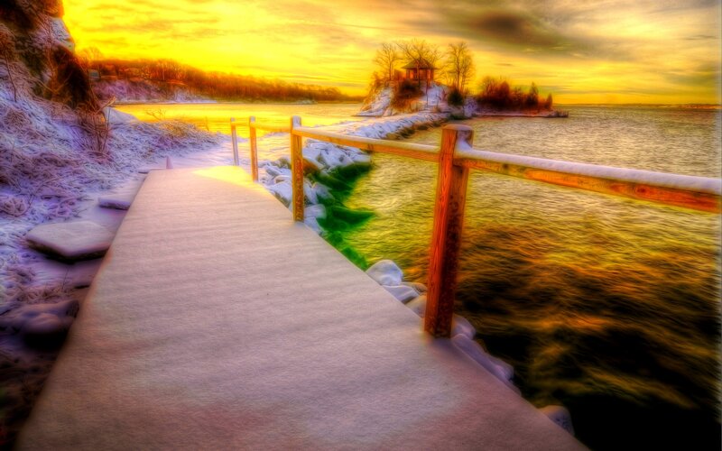 Snow-covered Dock at Sunset — Yellow