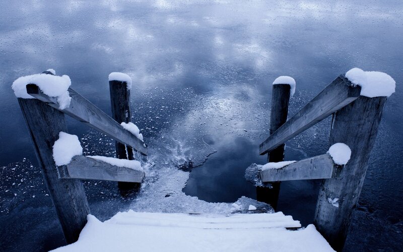 Snow-covered Dock — Blue, Cold, Winter, Photograph, Wooden Steps