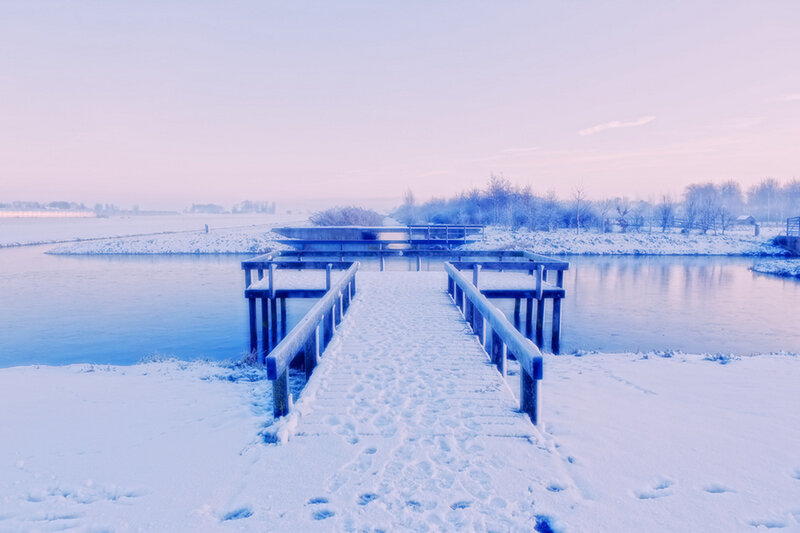 Snow-covered Dock — Blue, Serene