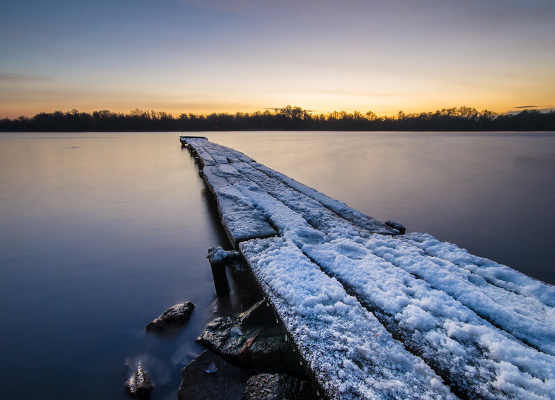 Snow-covered Dock — Blue, Serene, Winter