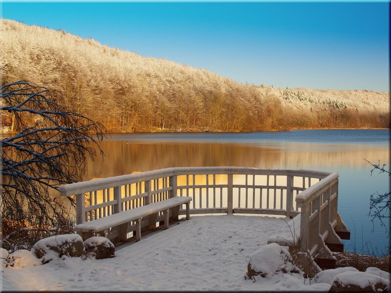 Snow-covered Dock by Lake — Blue
