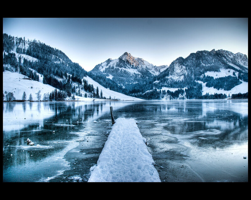 Snow-covered Dock on Lake — Blue