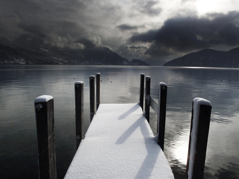 Snow-covered Dock on Lake — White, Dramatic