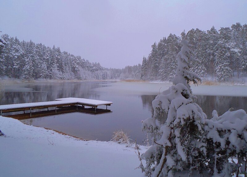 Snow-covered Dock on Lake — White