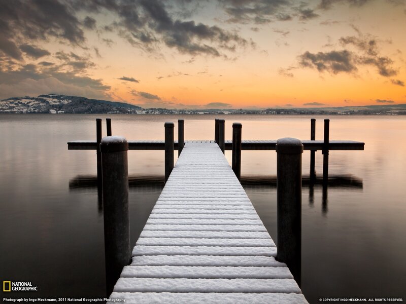 Snow-covered Dock — Orange, Serene, Sunset, Photograph