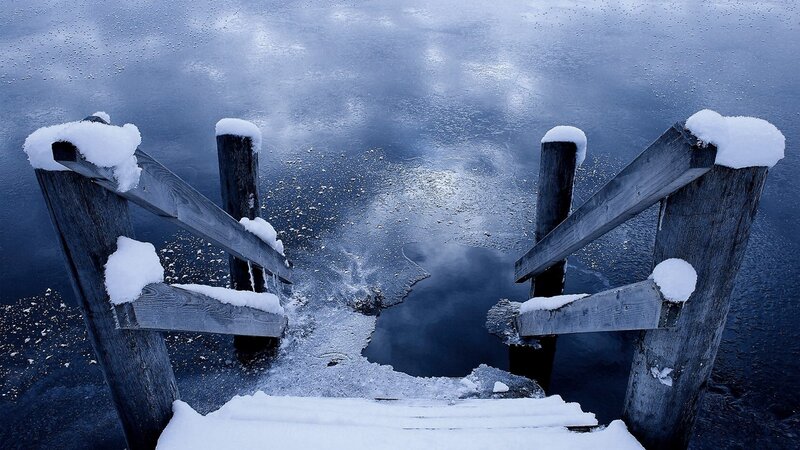 snow-covered dock steps