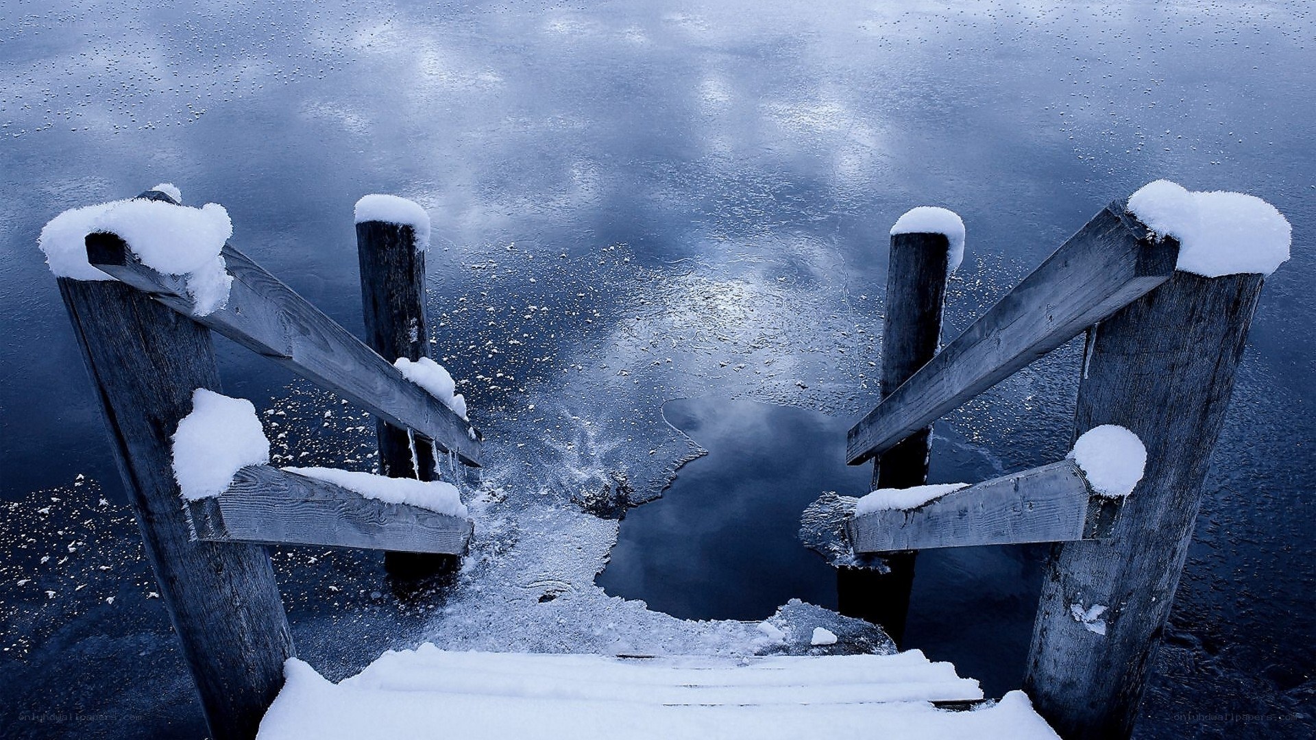snow-covered dock steps