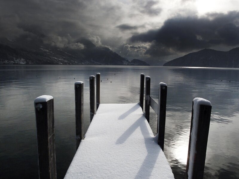 Snow-covered Dock — White, Dramatic, Winter, Photograph, Lake, Mountains