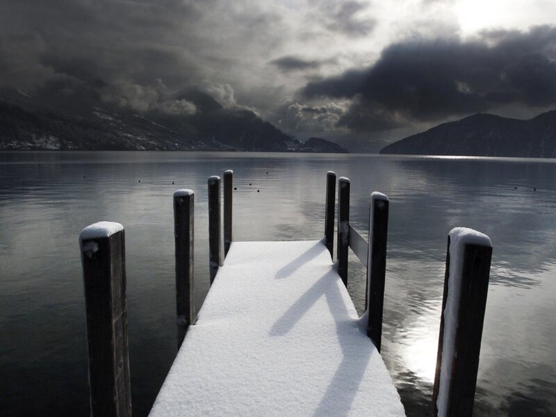 Snow-covered Dock — White, Dramatic, Winter, Photograph, Lake