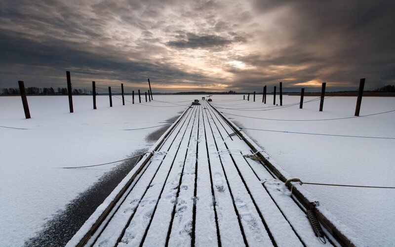 Snow-covered Dock — White, Dramatic, Winter, Photograph, Snow, Clouds