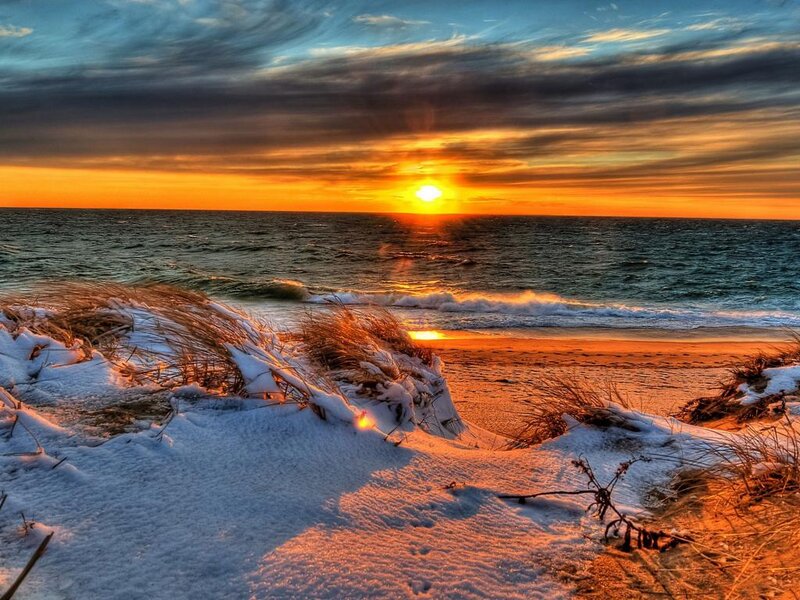 Snow-covered Dunes at Sunset — Orange, Dramatic, Photograph, Ocean, Sun