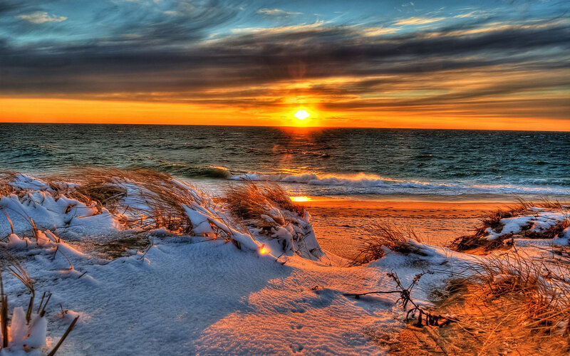 Snow-covered Dunes at Sunset — Orange, Dramatic, Photograph, Ocean