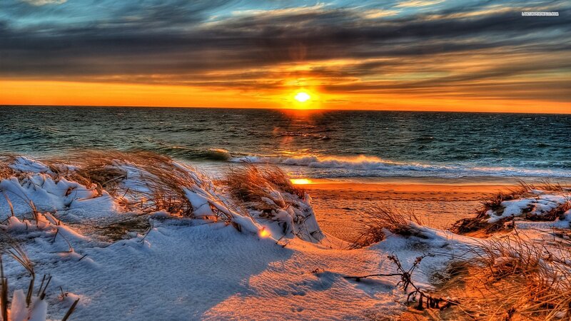 Snow-covered Dunes at Sunset — Orange, Dramatic, Photograph