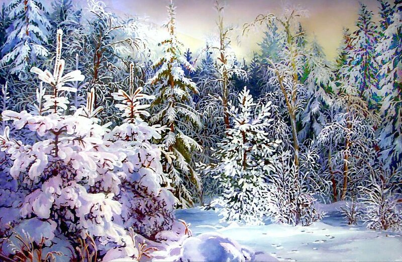 Snow-covered Evergreen Trees — White, Serene, Winter, Painting