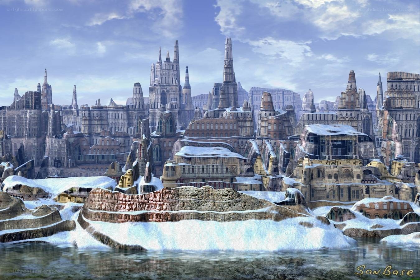 snow-covered fantasy cityscape