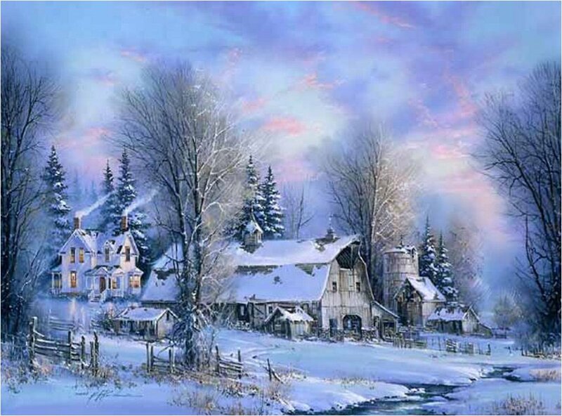 Snow-covered Farm at Dusk — Blue
