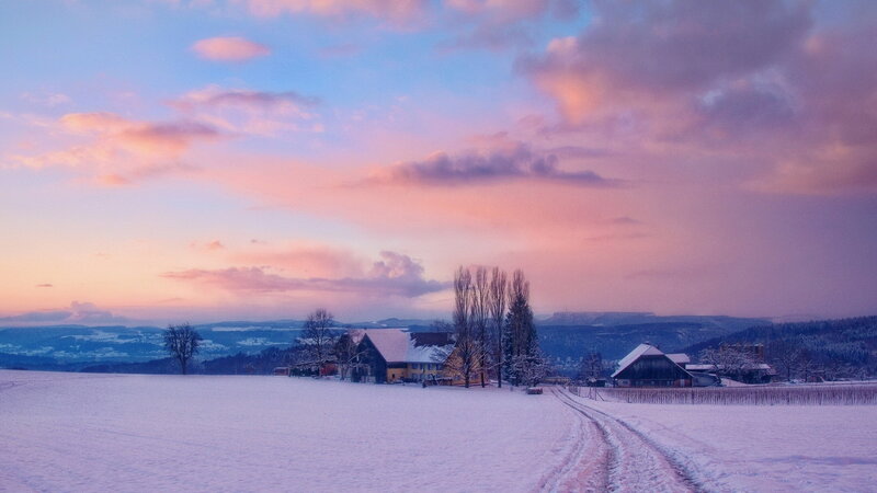 Snow-covered Farm at Dusk — Pink, Serene, Winter