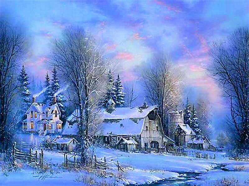 Snow-covered Farm at Dusk