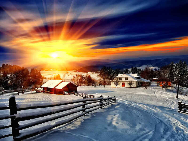 Snow-covered Farm at Sunset — Blue