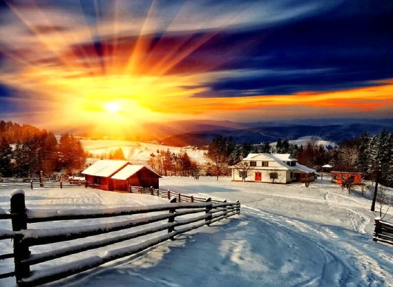 Snow-covered Farm at Sunset — Yellow
