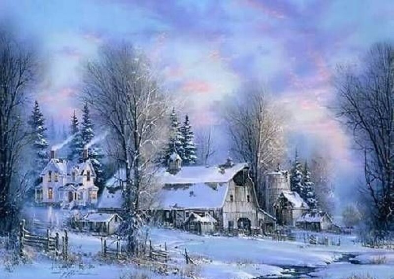 Snow-covered Farm — Blue