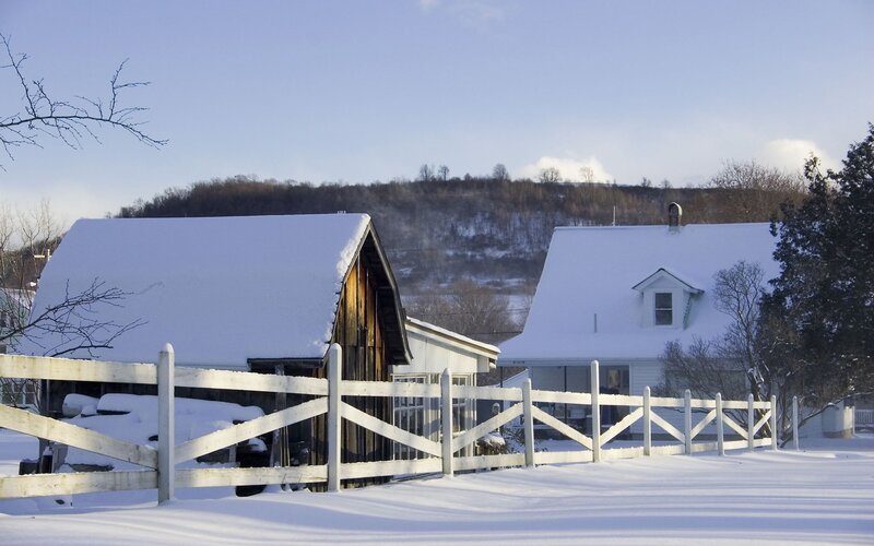 Snow-covered Farm Buildings — White, Serene