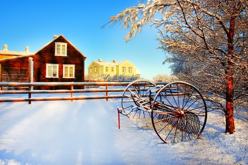 Snow-covered Farm Scene — Blue