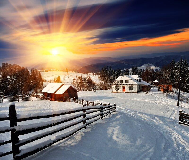 Snow-covered Farmhouses — White, Dramatic