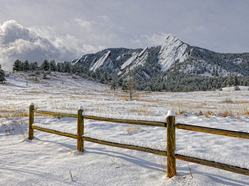 Snow-covered Fence and Mountains — White