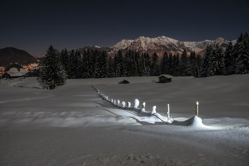 Snow-covered Fence at Night — White, Serene