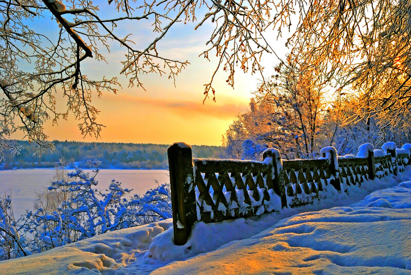 Snow-covered Fence at Sunset — Blue