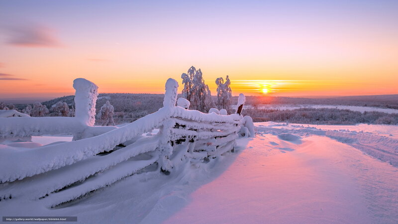 Snow-covered Fence at Sunset — Pink, Serene, Winter