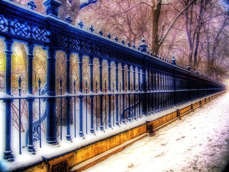 Snow-covered Fence — Blue, Serene, Winter