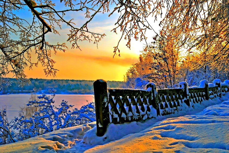 Snow-covered Fence by Lake
