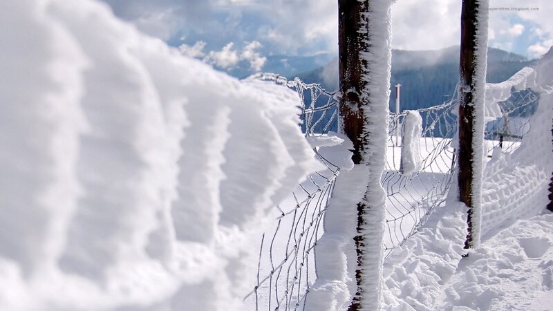 snow-covered fence in mountains