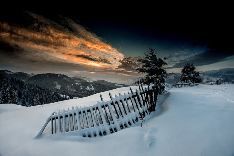 Snow-covered Fence in Mountains — White