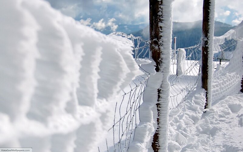 Snow-covered fence in winter