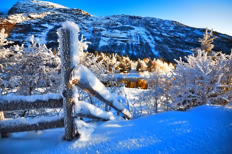 Snow-covered Fence in Winter — Blue