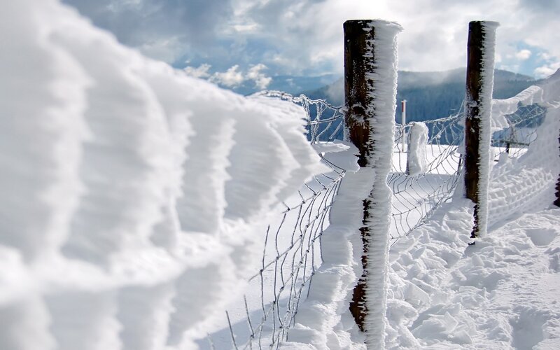 Snow-covered Fence — White, Cold, Winter, Photograph, Mountains, Sky, Blue