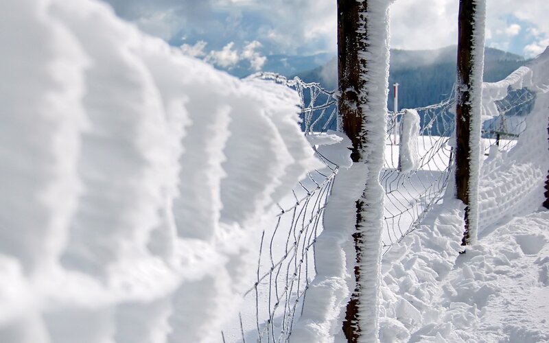 Snow-covered Fence — White, Cold, Winter, Photograph, Mountains