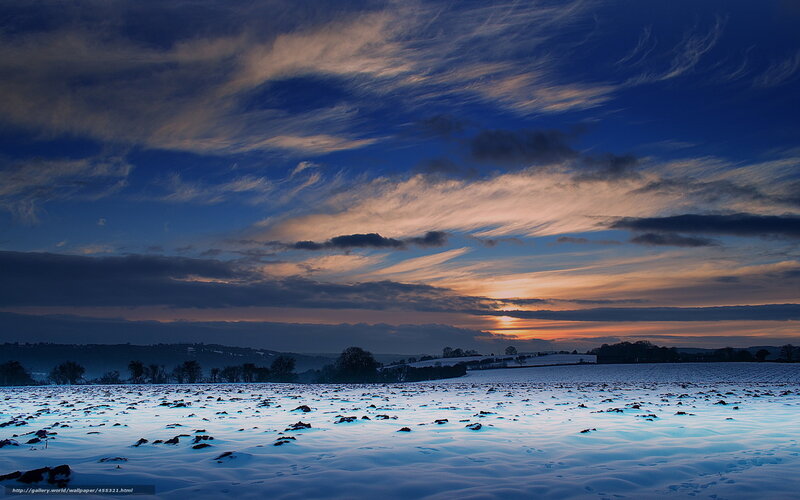 Snow-covered Field at Dusk — Blue, Dramatic, Sunset